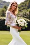 Lace Mermaid Ivory Long Sleeves Wedding Dress with Slit
