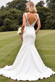 Ivory Mermaid Lace V Neck Wedding Dress with Slit