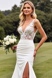 Ivory Mermaid Lace V Neck Wedding Dress with Slit