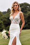 Ivory Mermaid Lace V Neck Wedding Dress with Slit