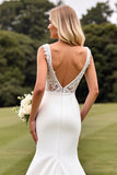 Ivory Mermaid Lace V Neck Wedding Dress with Slit