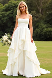 Ivory Ruffled Chiffon A Line Long Wedding Dress