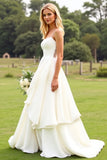 Ivory Ruffled Chiffon A Line Long Wedding Dress