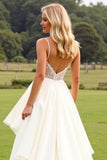Ivory Ruffled Chiffon A Line Long Wedding Dress
