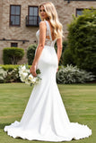 Lace V Neck Ivory Ruched Mermaid Wedding Dress with Slit