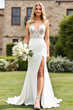 Lace V Neck Ivory Ruched Mermaid Wedding Dress with Slit