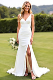 Simple Mermaid Ivory Satin V Neck Weddding Dress with Slit