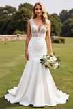 Mermaid Ivory V Neck Wedding Dress With Lace