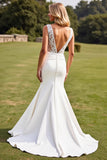 Mermaid Ivory V Neck Wedding Dress With Lace