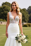 Mermaid Ivory V Neck Wedding Dress With Lace