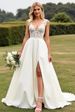 Ivory V Neck A Line Lace Wedding Dress With Slit