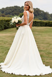 Ivory V Neck A Line Lace Wedding Dress With Slit