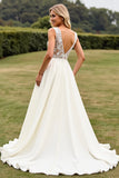 Ivory V Neck A Line Lace Wedding Dress With Slit