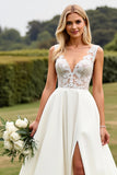 Ivory V Neck A Line Lace Wedding Dress With Slit