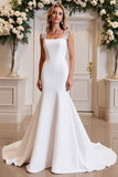Simple White Mermaid Satin Long Wedding Dress with Lace