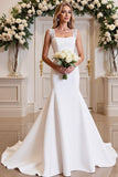 Simple White Mermaid Satin Long Wedding Dress with Lace