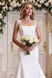 Simple White Mermaid Satin Long Wedding Dress with Lace
