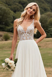 Ivory Chiffon A Line Spaghetti Straps Wedding Dress With Lace