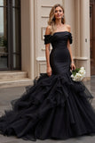 Black Off The Shoulder Ruffled Tiered Mermaid Wedding Dress