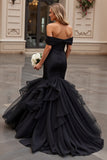 Black Off The Shoulder Ruffled Tiered Mermaid Wedding Dress