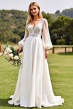 Lace Ivory A Line Appliques Wedding Dress with Long Sleeves