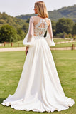 Lace Ivory A Line Appliques Wedding Dress with Long Sleeves