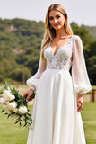 Lace Ivory A Line Appliques Wedding Dress with Long Sleeves