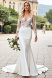 Ivory V Neck Appliques Lace Mermaid Wedding Dress with Long Sleeves