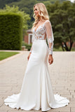 Ivory V Neck Appliques Lace Mermaid Wedding Dress with Long Sleeves