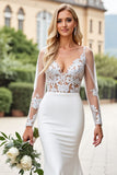 Ivory V Neck Appliques Lace Mermaid Wedding Dress with Long Sleeves