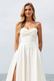 Strapless Ivory A Line Wedding Dress with Slit