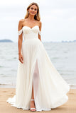 Ivory A Line Off The Shoulder Long Wedding Dress With Slit