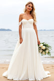Ivory A Line Off The Shoulder Long Wedding Dress With Slit