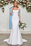 Long Sleeves Bodycon Square Neck Ivory Wedding Dress With Lace