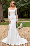 Long Sleeves Bodycon Square Neck Ivory Wedding Dress With Lace