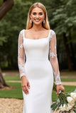 Long Sleeves Bodycon Square Neck Ivory Wedding Dress With Lace