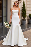 Ivory Strapless Bodycon Satin Long Wedding Dress