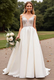 Ivory Satin Spaghetti Straps Long Wedding Dress With Lace