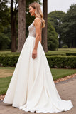 Ivory Satin Spaghetti Straps Long Wedding Dress With Lace