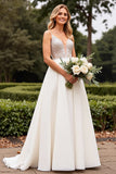 Ivory Satin Spaghetti Straps Long Wedding Dress With Lace