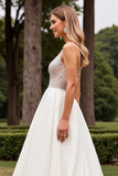 Ivory Satin Spaghetti Straps Long Wedding Dress With Lace