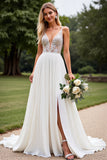 Ivory Spaghetti Straps A Line Sequins Long Wedding Dress