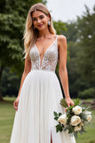 Ivory Spaghetti Straps A Line Sequins Long Wedding Dress