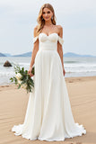 Ivory A Line Off The Shoulder Ruched Long Wedding Dress
