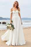 Ivory A Line Off The Shoulder Ruched Long Wedding Dress