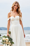 Ivory A Line Off The Shoulder Ruched Long Wedding Dress