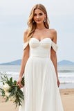 Ivory A Line Off The Shoulder Ruched Long Wedding Dress