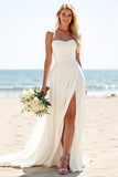 Ivory Strapless A Line Long Wedding Dress With Slit