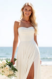 Ivory Strapless A Line Long Wedding Dress With Slit