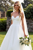 Strapless Ivory A Line Pleated Long Wedding Dress